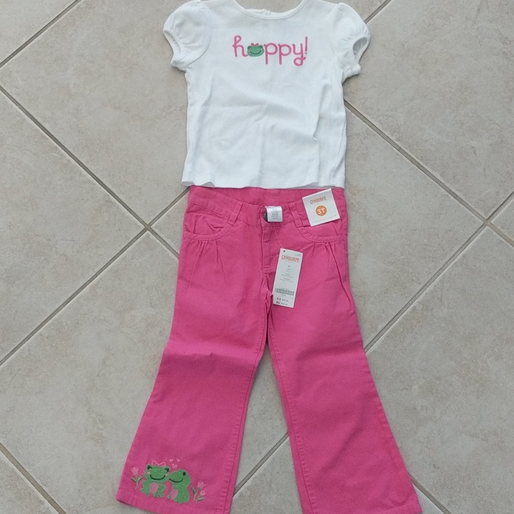 NWT girls 3t frog set pink jeans white shirt